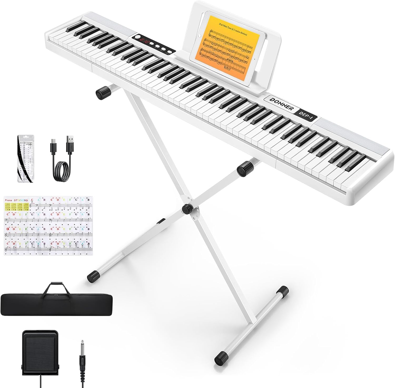 Donner DEP-1 Piano Keyboard 88 Keys, Beginner Digital Keyboard Piano Velocity-Sensitive Keys, Portable Electric Piano with Stand, Sustain Pedal, Carrying Case and Keyboard Stickers, White