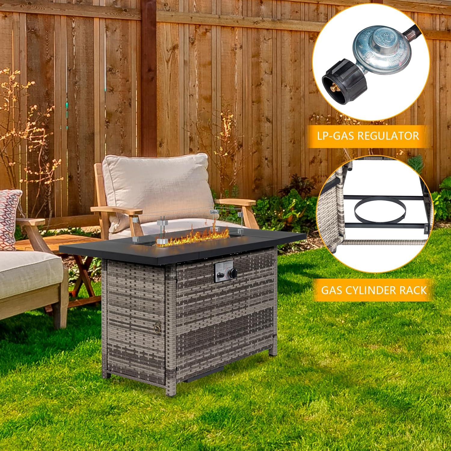 43 Inch Gas Fire Pit Table, Patio Outdoor Propane Fire Pits with Removable Lid and Lava Rock, 50000 BTU,Waterproof Cover and Tables for Patio Garden (Brown)