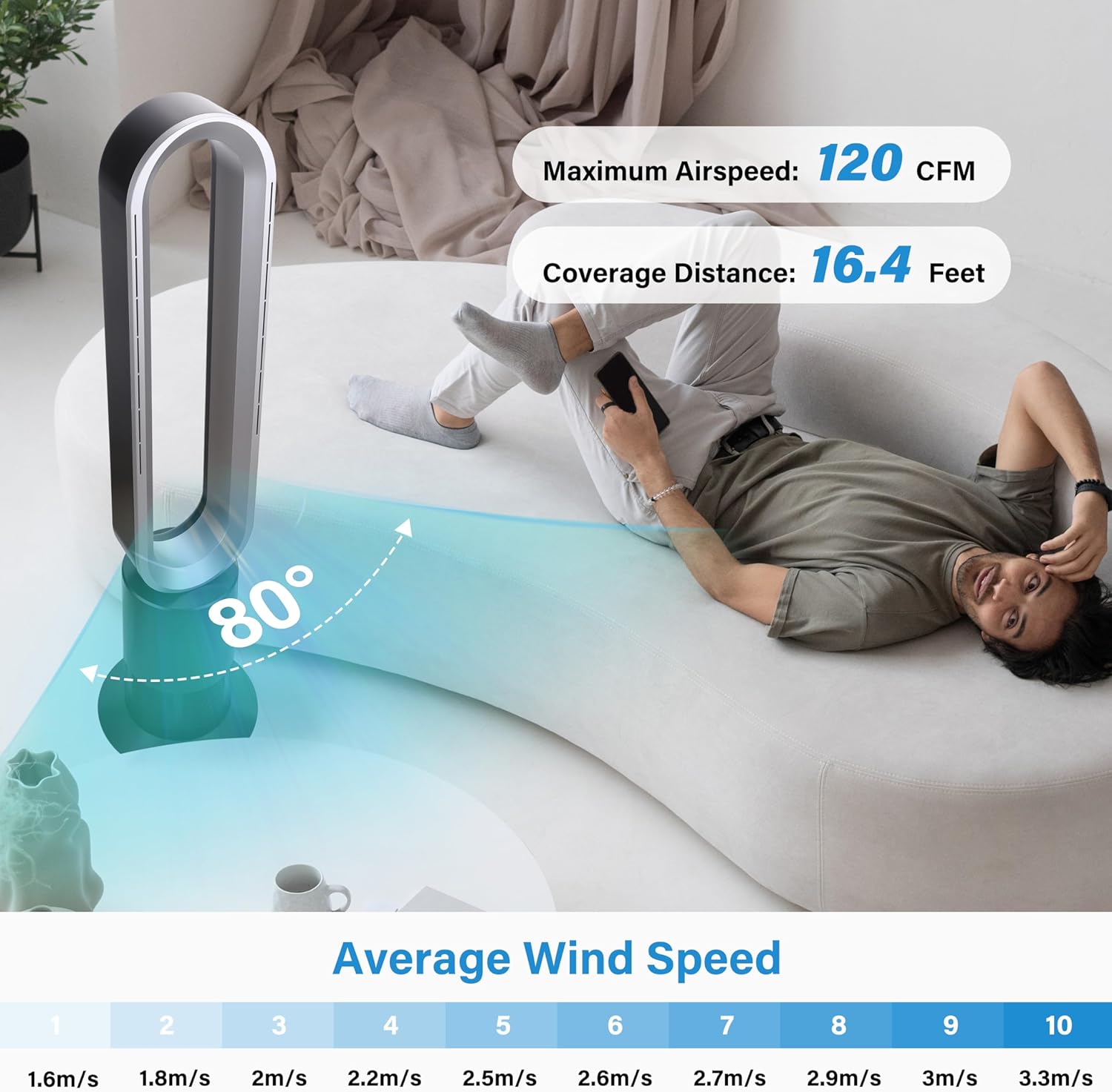 Simple Deluxe 45 Inch Bladeless Tower Fan with Remove, Cooling Fan for Indoor Use, Oscillating Fan for Home Bedroom