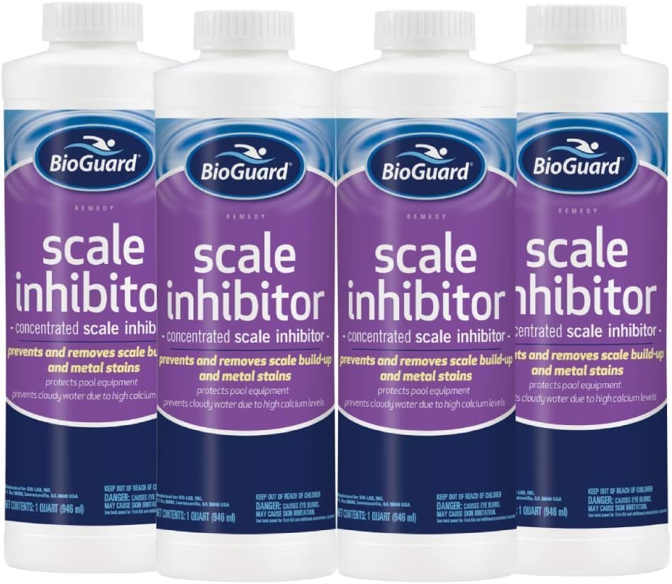BioGuard Scale Inhibitor, 32 oz, Pack of 4, Concentrated Formula, Prevents and Removes Scale Build-Up and Metal Stains, Protects Pool Equipments