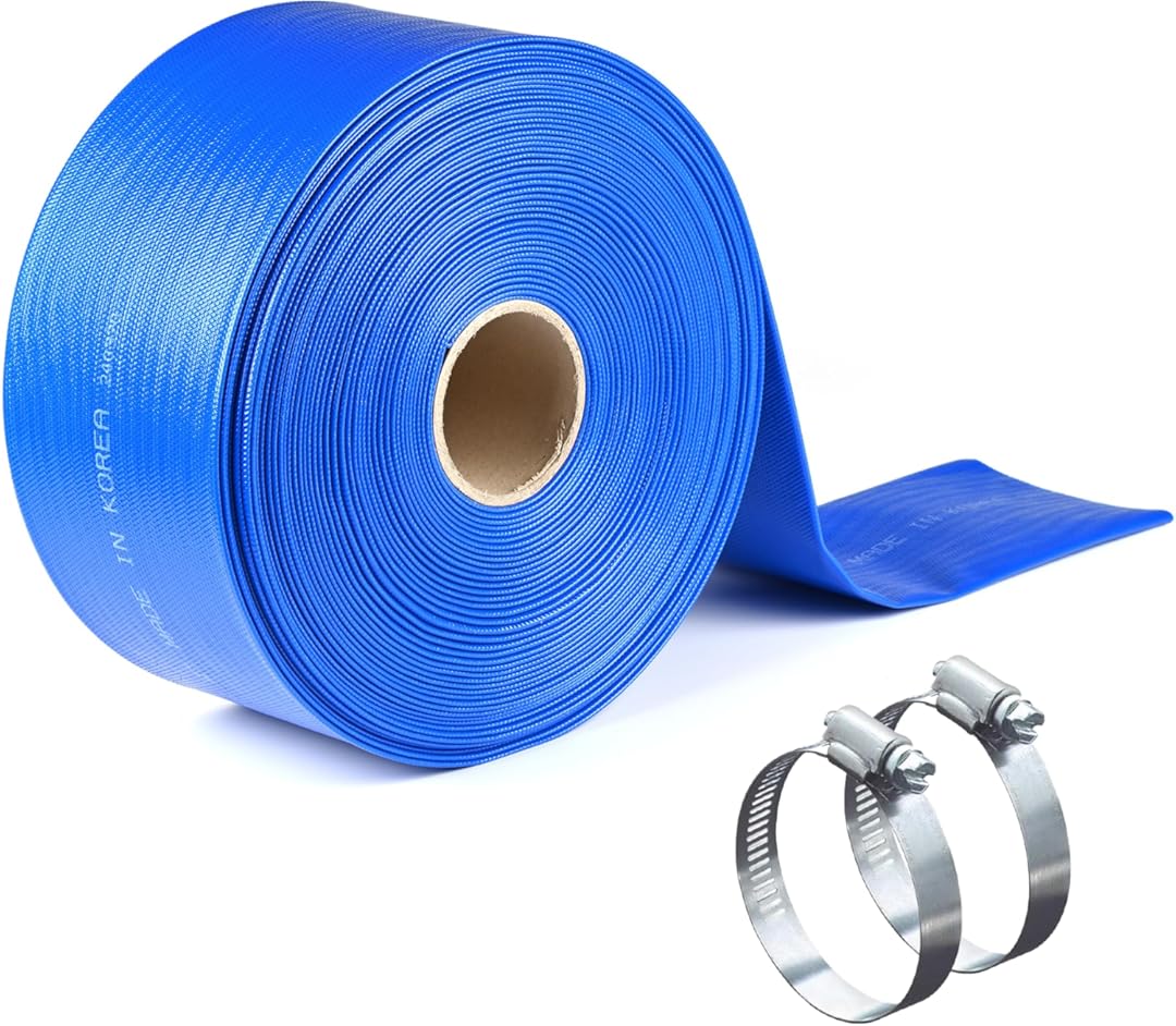 Discharge Hose 4 Inch x 100 ft, Lay-Flat, Pool, Irrigation, Agriculture and Industrial, Clamps Included - PonaFlex