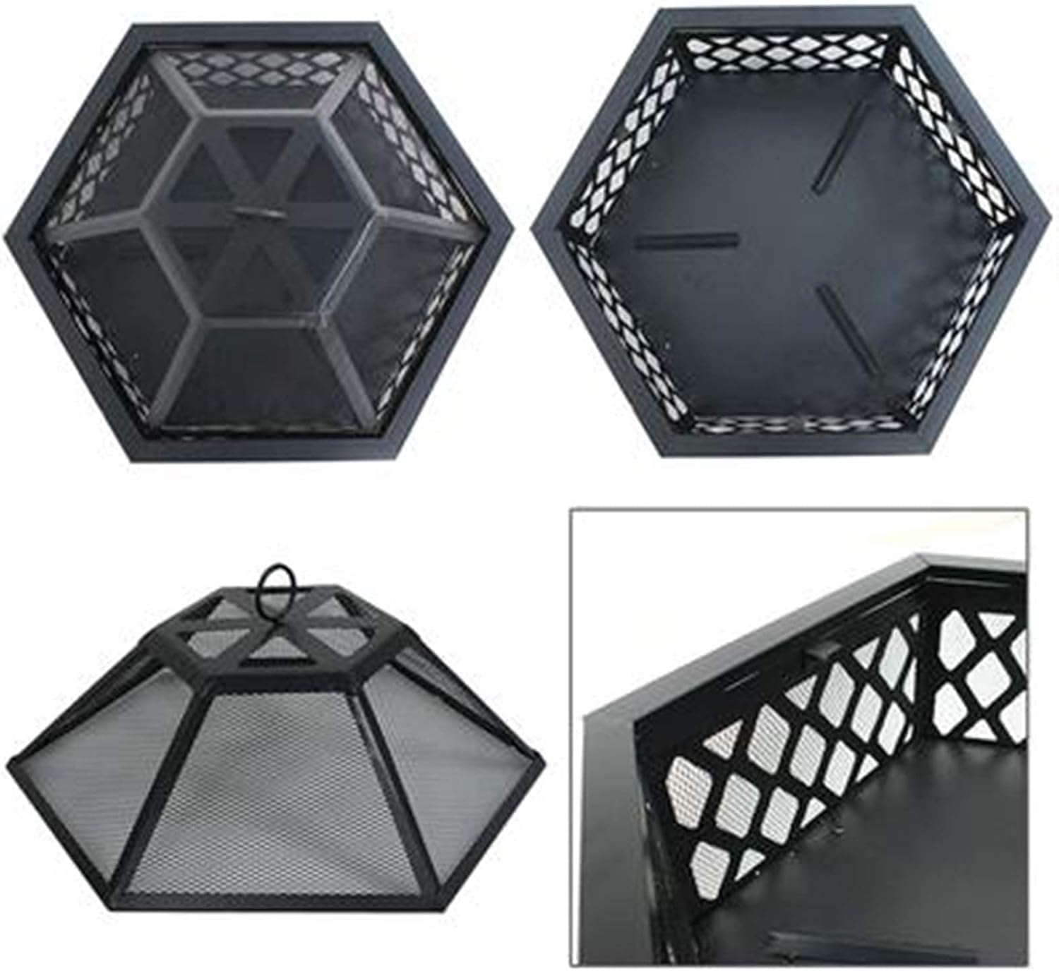 Metal Fire Pits in The Garden,Large Bonfires with Wood Burning,Terraces and Outdoor Fireplaces,There are Spark Screens and Round Fireplace Covers Outside The Fire Pits in The Backyard.