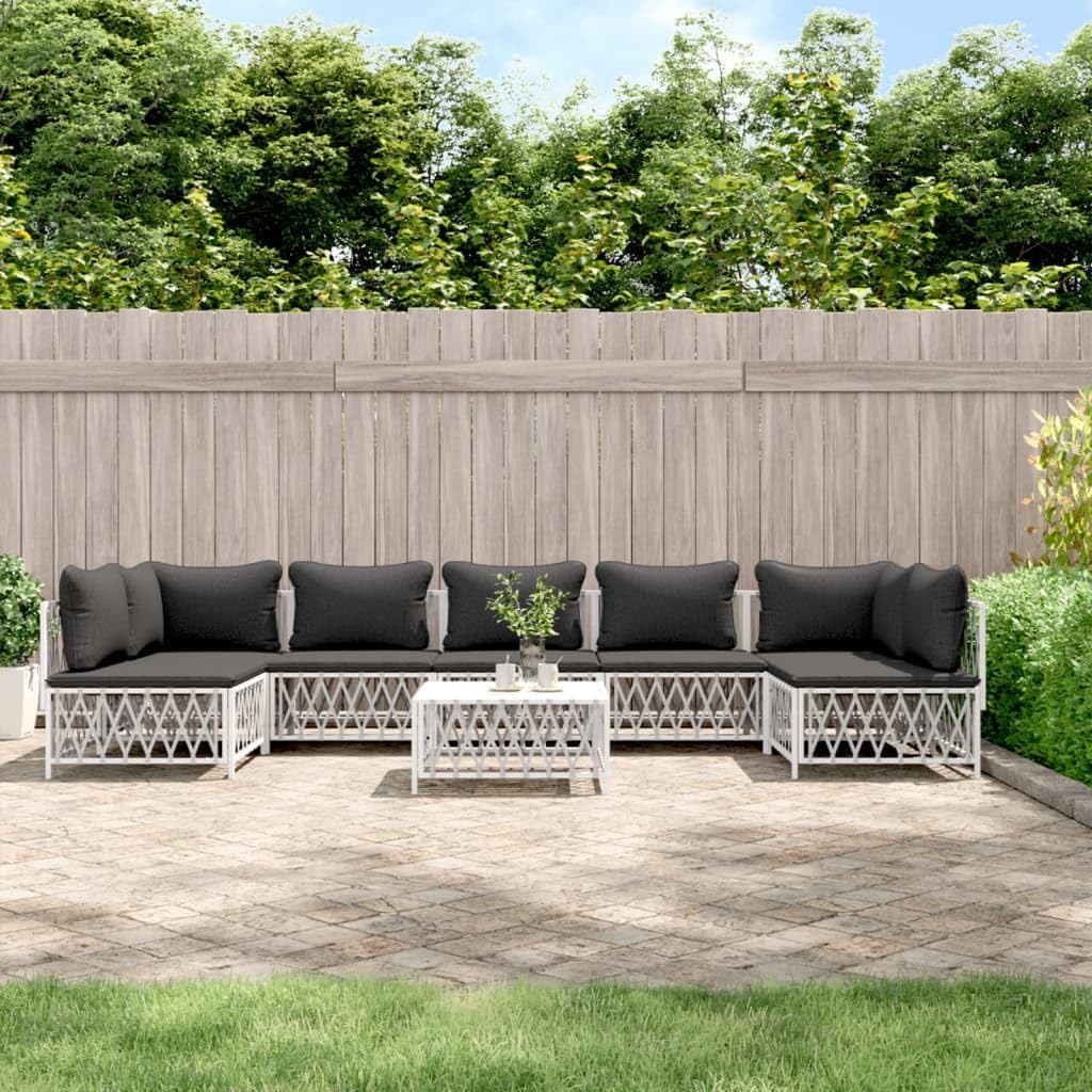 8 Piece Patio Lounge Set with Cushions White Steel, Patio Furniture Sets, Outdoor Furniture