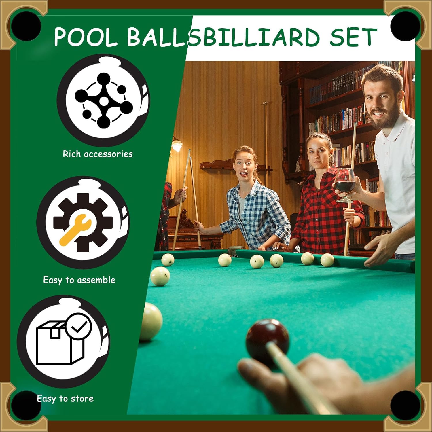 Vinsot 100 Pieces Pool Table Accessories, 16 Billiard Balls, 2 Sets of Pool Cues, Triangular Diamond Ball Rack, Cue Chalk, Cue Heads and Ball Brush Set and Other Billiard Accessories