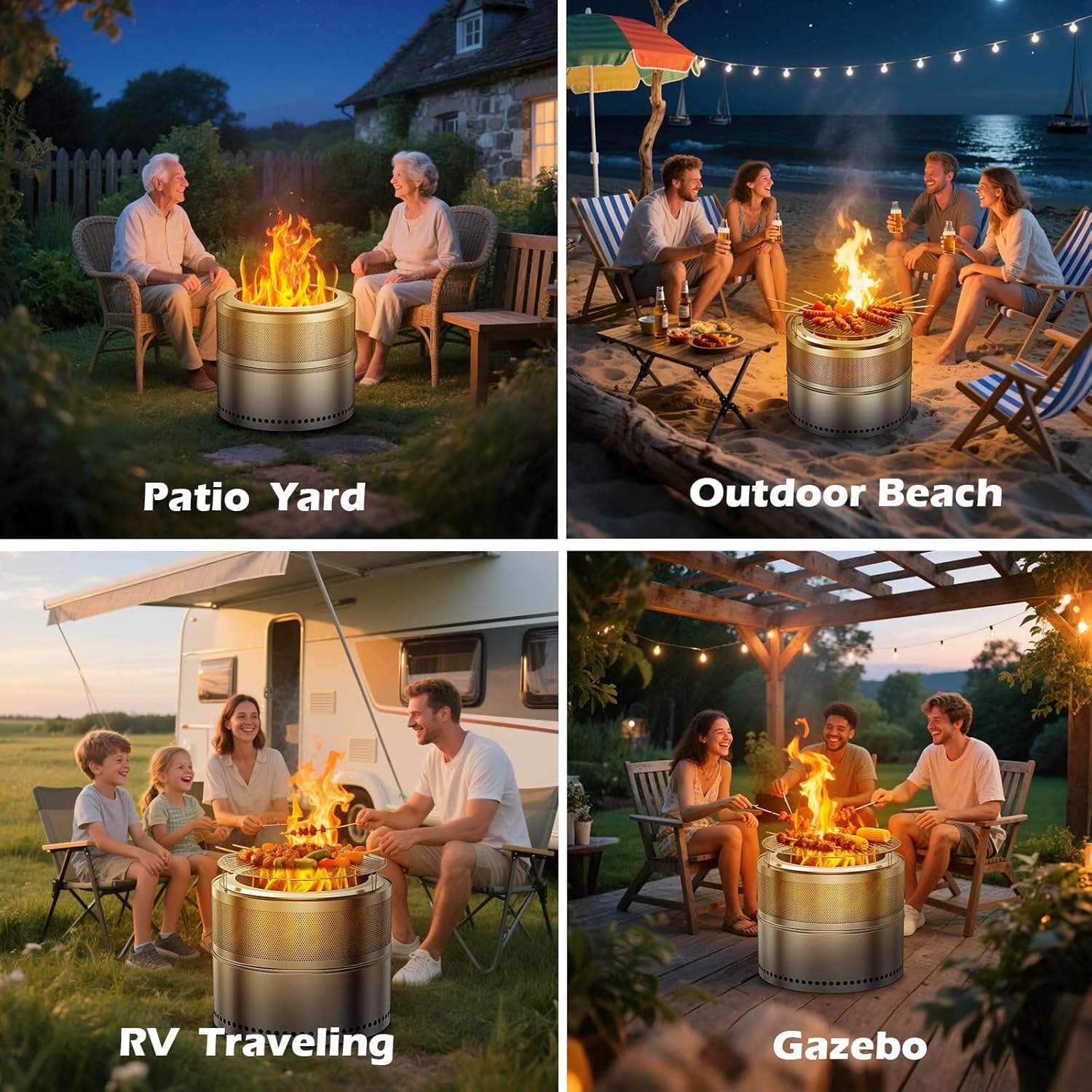 20 Inch Smokeless Fire Pit, Outdoor Double-Wall Airflow Stainless Steel Firepit with Grill Rack & Ash Pan, 360° Airflow Bonfire Stove Design, Efficient Wood Burning, Portable for Camping & Gatherings