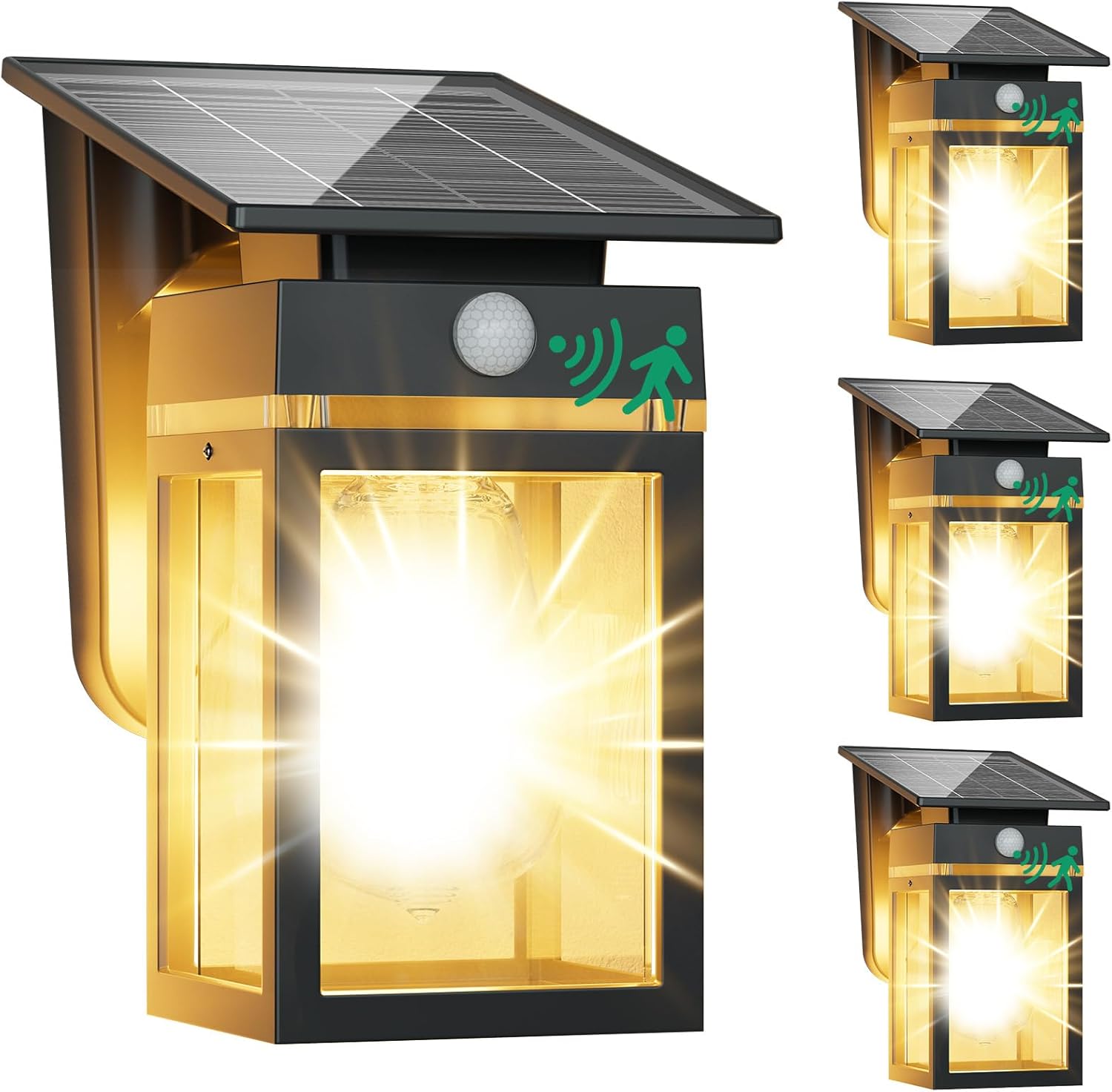 4 Pack Solar Porch Lights Outdoor, Dusk to Dawn & Motion Sensor Wall Light with Lantern Shape, 3 Modes IP65 Waterproof, E26 Bulb Exterior Sconce for Front Porch, Garage, Patio Security