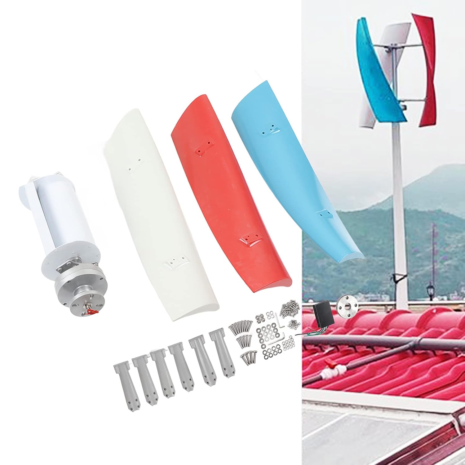 Vertical Wind Generator, 100W Stable Running Wind Generator White Red Blue 3 Blades for Business (12V)