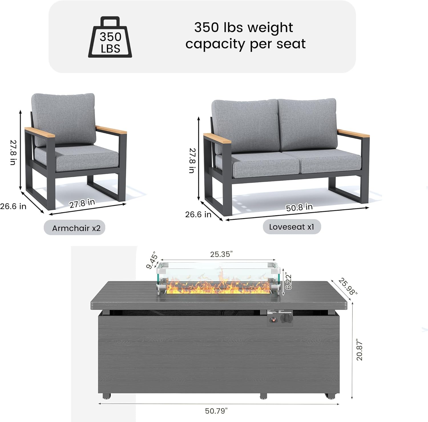 Sundale Outdoor 4 Piece Patio Furniture Set, Modern Aluminum Outdoor Furniture Sets with Fire Pit Table and 6