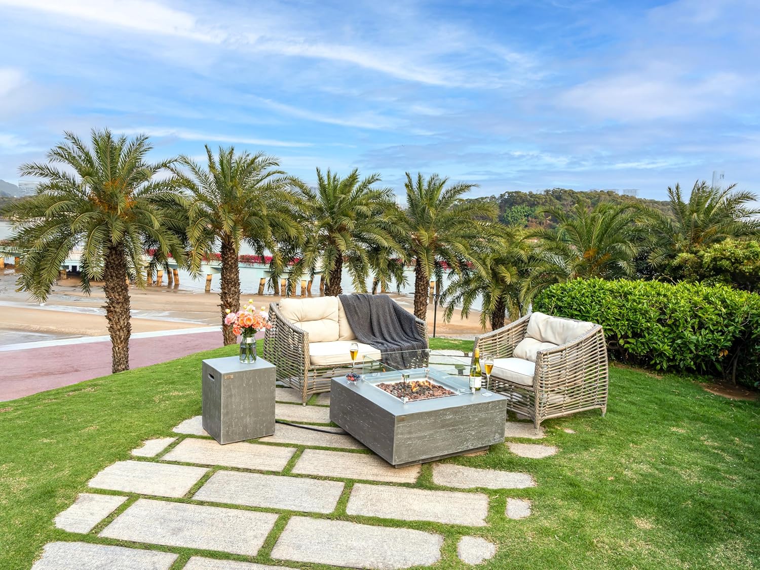 AMS Creations | Albany 36 inches Square Propane Gas Outdoor Fire Pit Table | Concrete GFRC Fire Pit Table | with SS Lid, Canvas Cover, Tank Cover, Lava Rock and Wind Guard Included