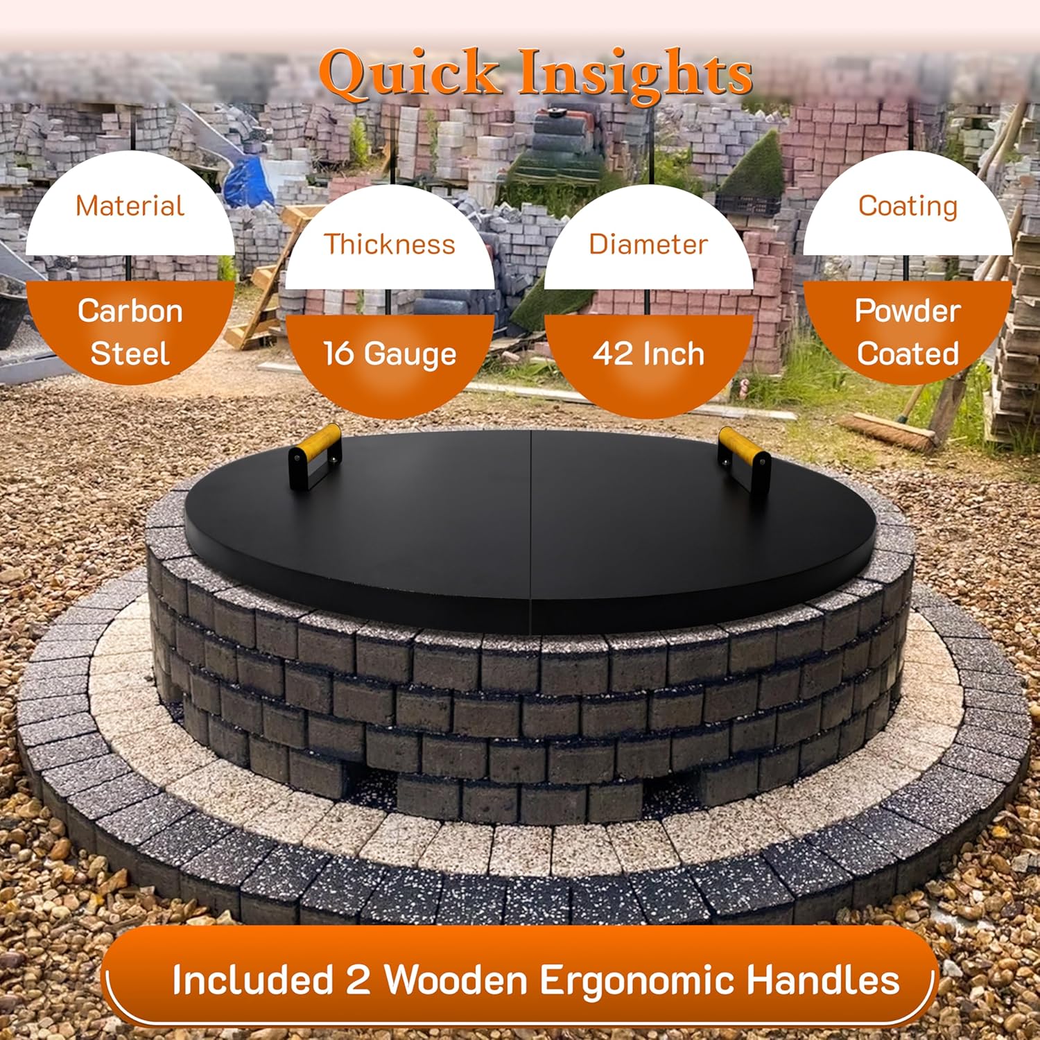 42” Fire Pit Cover Lid Round - Fit for 40” Round Fire Pit Lid for Outdoor Fireplace Cover Lid Steel fire pit metal cover W/ 2 Wooden Handles & Heat Resistant Snuffer Lid for Patio Fire Pit Ring