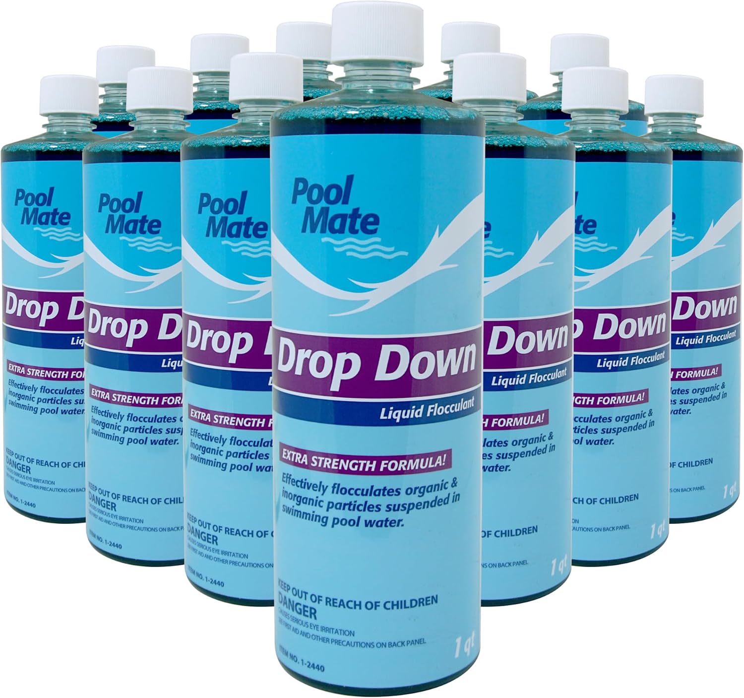 Pool Mate 1-Quart 12-Pack Premium Drop Down Liquid Flocculant, Pool Clarifier, Made in USA
