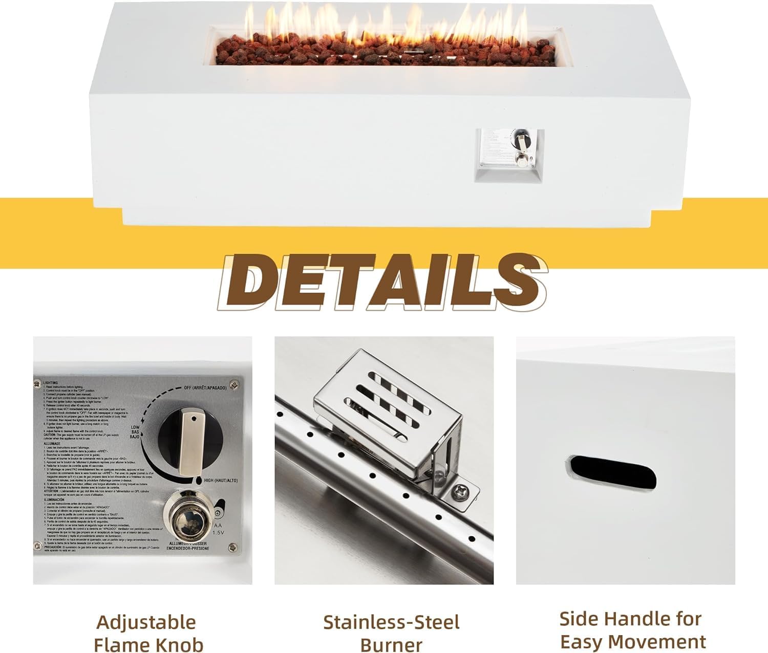 ECOTOUGE 2-Piece Outdoor Propane Fire Pit Table, 50,000 BTU Gas Fireplace with lid and Hideaway Tank Holder, Auto-Ignition 42''Concrete Fire Pit w/Weather-Resistant Pit Cover, Lava Rocks, White