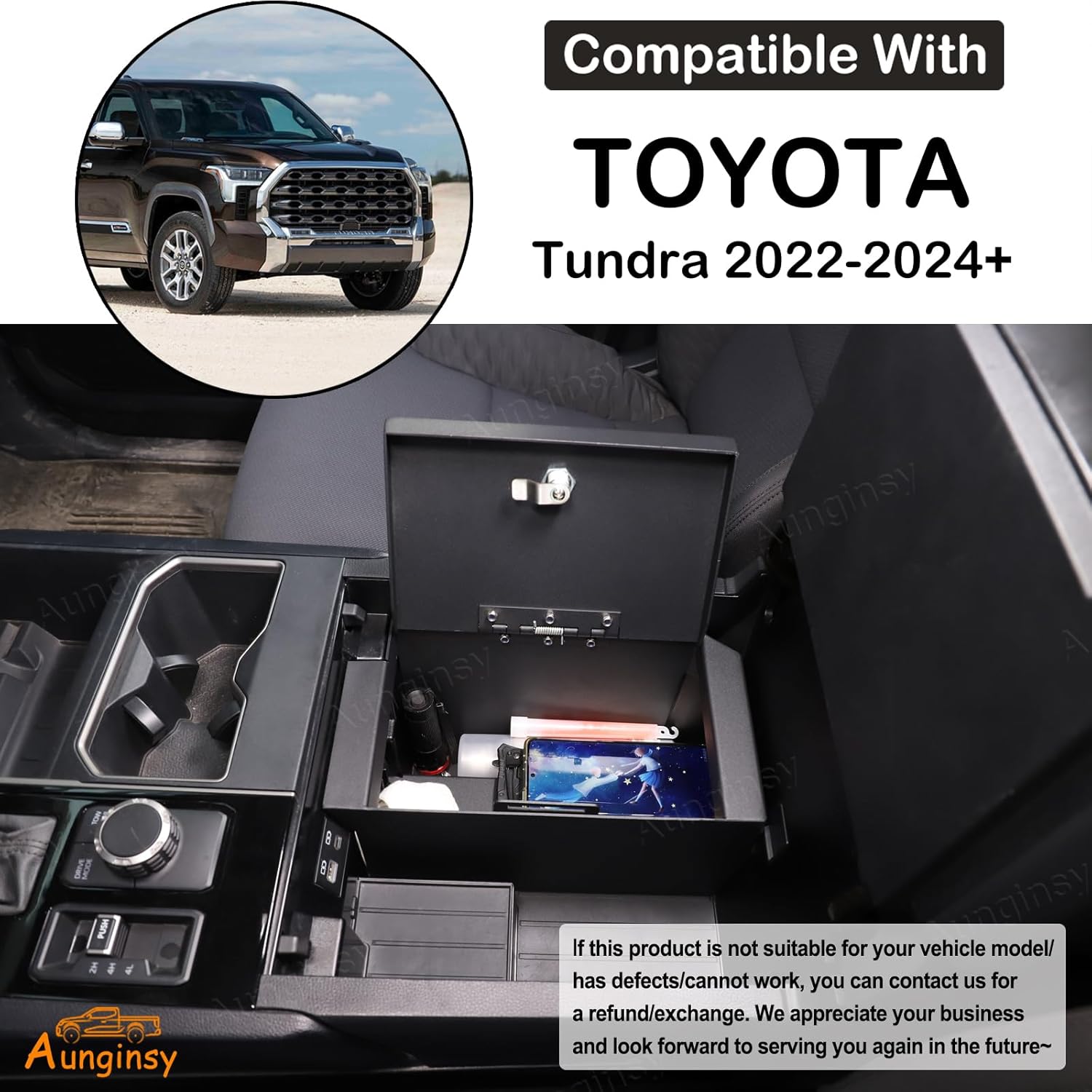 Aunginsy Car Center Console Lock Safe Box Armrest Storage Compatible with Toyota Tundra 2022-2025 Center Console Lock Box Armrest Security Organizer Tray with 3 Digit Combo Password Insert Accessories