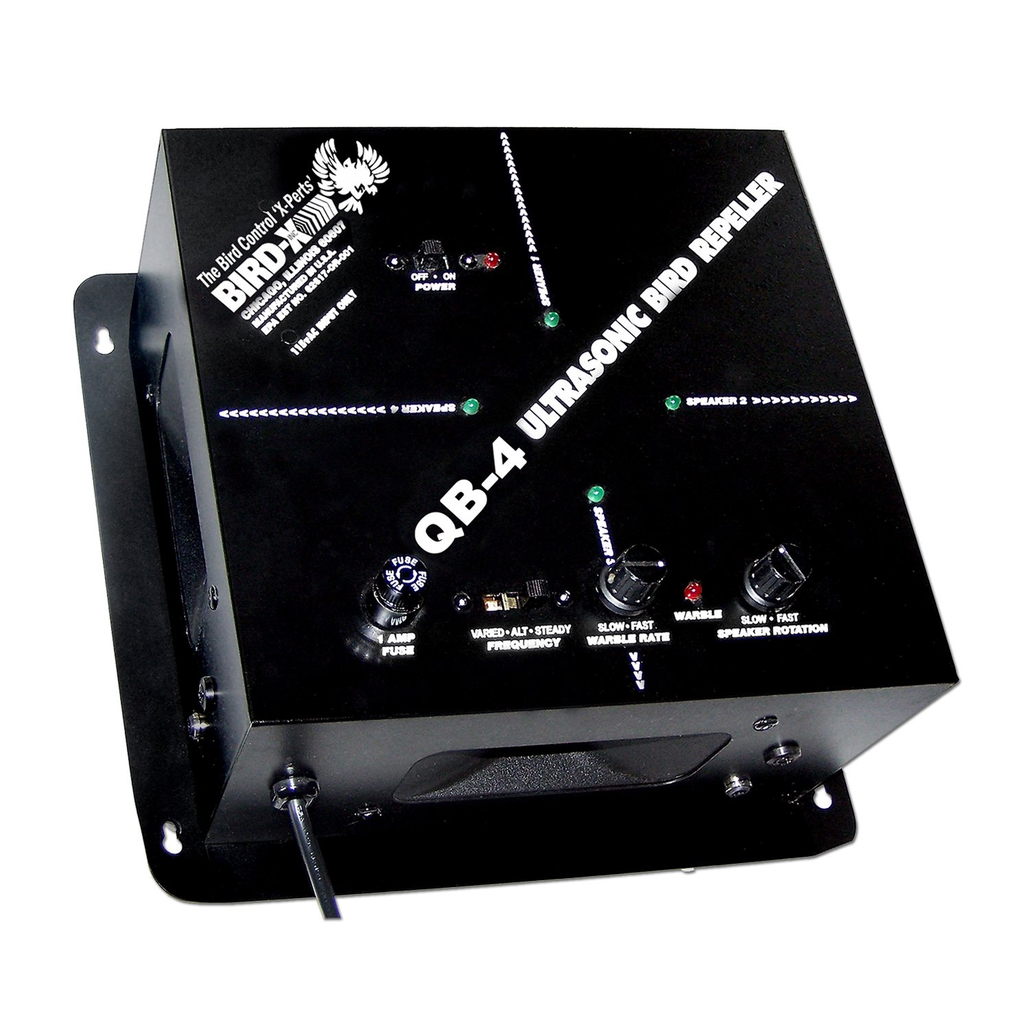 Bird-X Quadblaster QB-4, Ultrasonic Bird Preventer with Optional Strobe Light and 4 Built-in Speakers, Ideal for Indoors and Semi-Enclosed Areas, Covers 6,500 sq. ft.