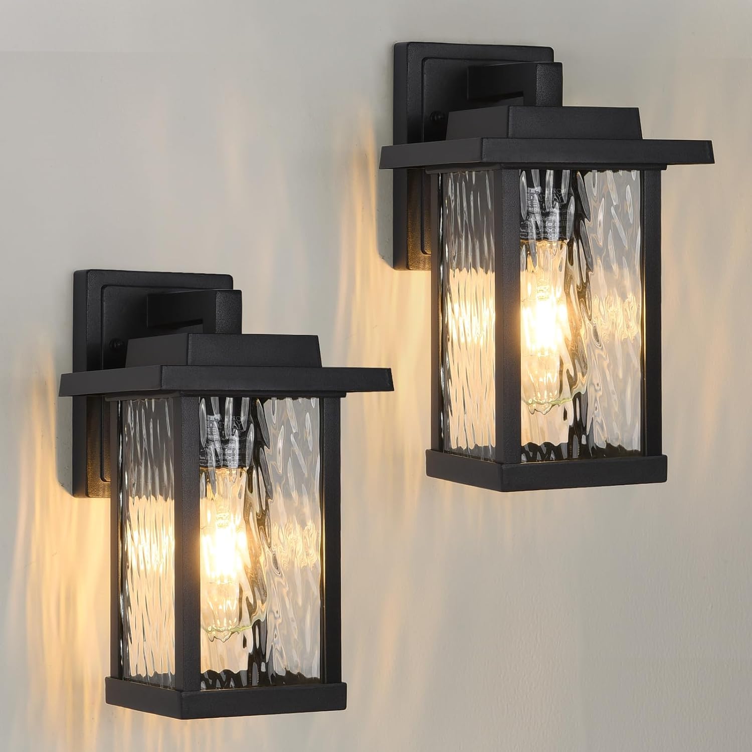 Outdoor Wall Light Fixtures, Modern Exterior Wall Mount Lanterns, Outside Wall Sconces in Black Finish with Water Ripple Glass for Porch Patio Farmhouse, 2-Pack