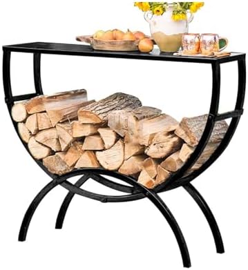Heavy Duty Firewood Rack - Metal Log Holder for Indoor Fireplace & Outdoor Storage, Weatherproof Lumber Stacker for Patio, Deck & Porch - Multifunctional Table with Storage