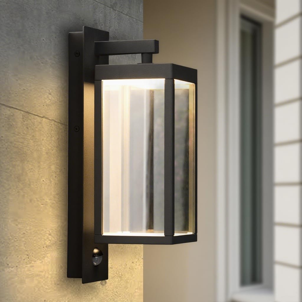 Motion Sensor Outdoor Wall Light LED Wall Sconce Black Mount Waterproof Exterior Light Fixture Aluminum Porch Lamps for Patio Entryway Doorway Fence Garage, 750LM 3000K