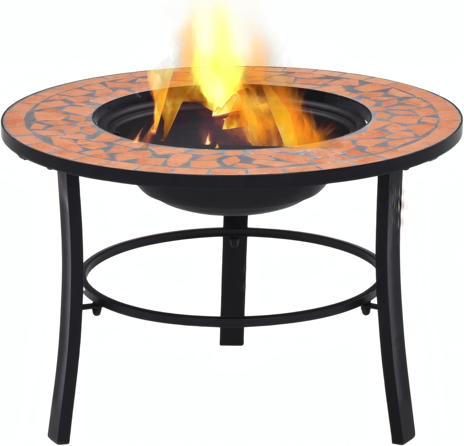 Penau Mosaic Ceramic Fire Pit Bowl, Terracotta Outdoor Fire Pit, Steel Fire Bowl with Round Tabletop and Insulation Grid, Three-Leg Stand, 26.8 x 26.8 x 17.7 Inchs