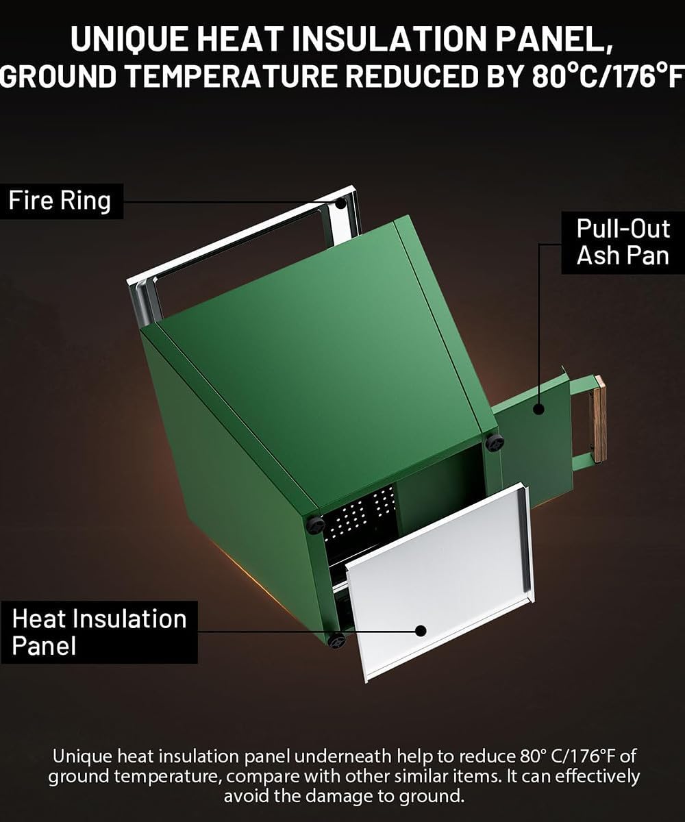 Portable Wood Stove Outdoor Heater for Patio, Smokeless Wood Burning Fire Pit with Insulated Base & Ash Pan Easy to Carry Portable Heater for Camping Backyard & Patio Use Green