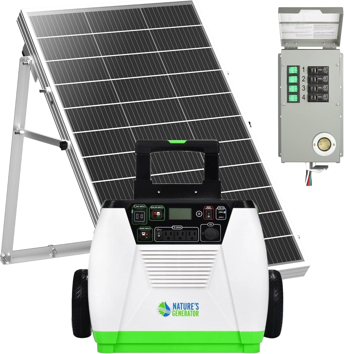 Nature's Generator Gold PE System 1800W Solar & Wind Powered Pure Sine Wave Generator + 100W Solar Panel + Power Transfer Kit, w/Infinite Expandability, Gasless to Connect Inhouse Breaker Panel