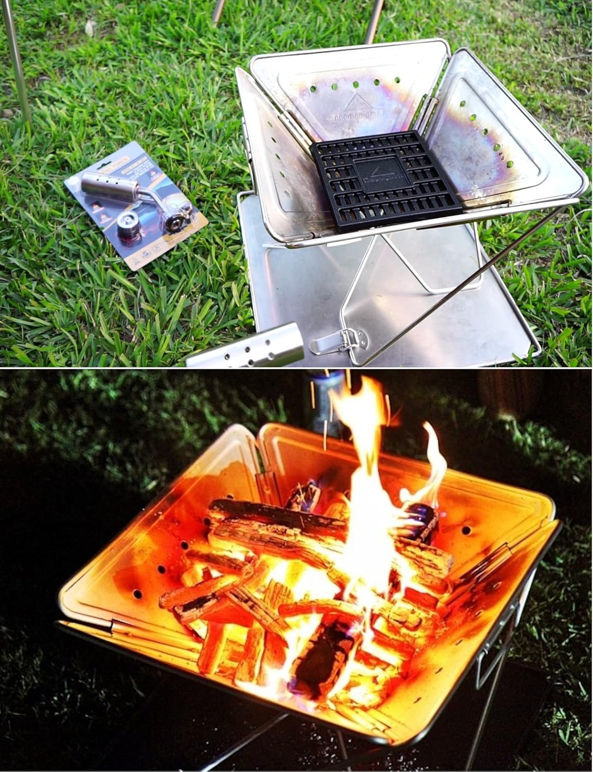 CAMPINGMOON 3-in-1 Portable Stainless Steel Wood Burning Grill and Fire Pit 16x18-inch with Carrying Bag