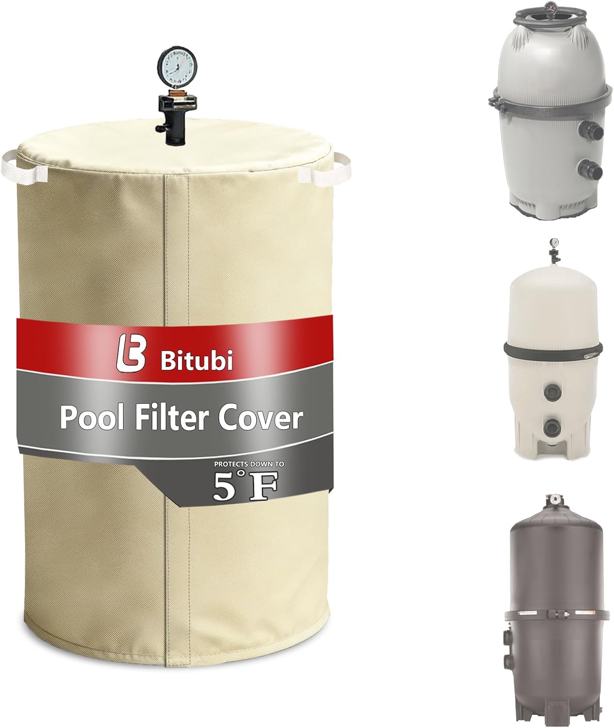 Bitubi Pool Filter Cover with Plush Lining (Universal Style), for Cartridge Filters Inground and Above Ground Swimming Pool Filters, Protects from Severe Snow and Intense Sun, Beige