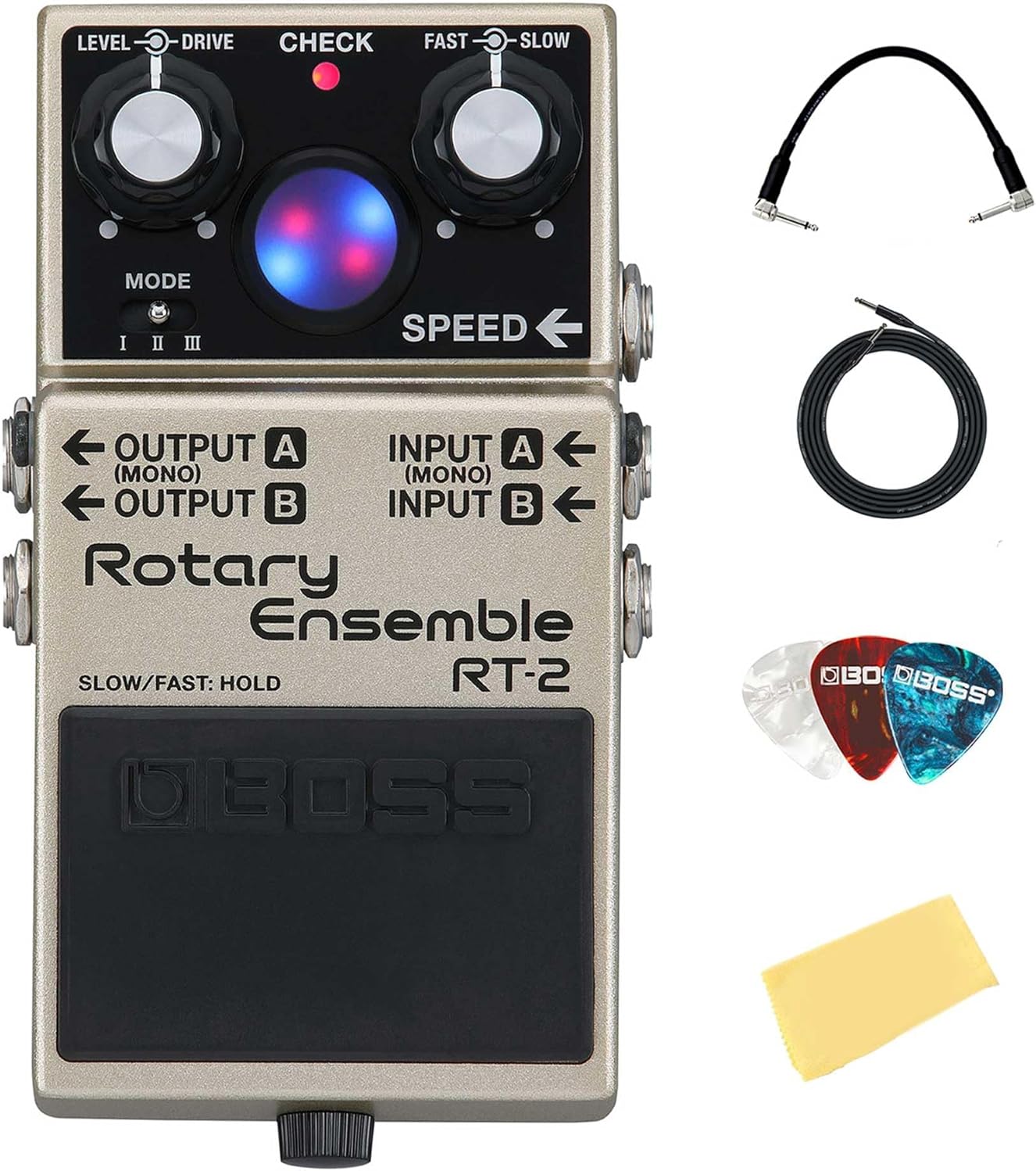 Boss RT-2 Rotary Ensemble Guitar Effects Bundle with Instrument Cable, Patch Cable, Picks, and Austin Bazaar Polishing Cloth