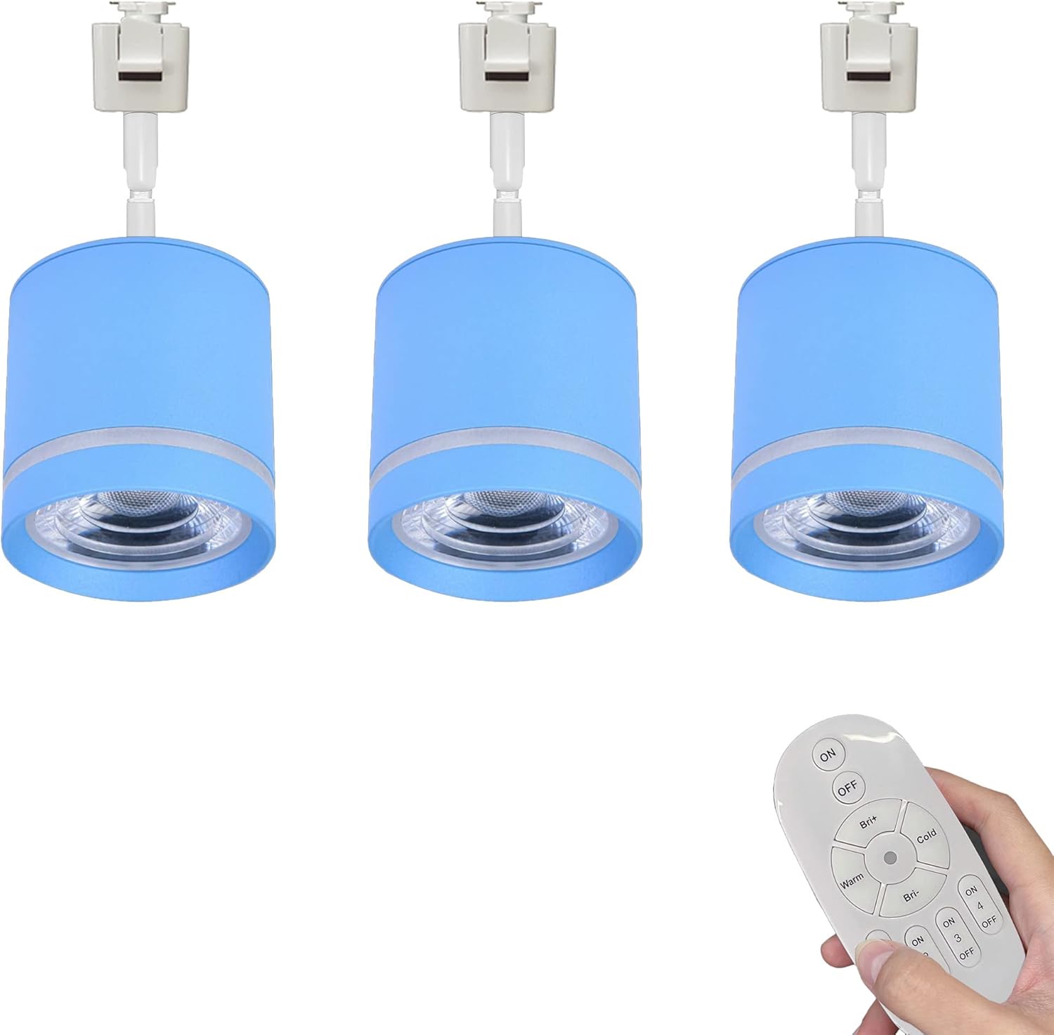 Remote Control J-Type Track Light 7W LED Spotlight Macaron Look Blue Multi-Rotation Design with Focused Adjustable Barrel Stepless Dimming for Dining 3 Lights Customizable WJTG0050-BL