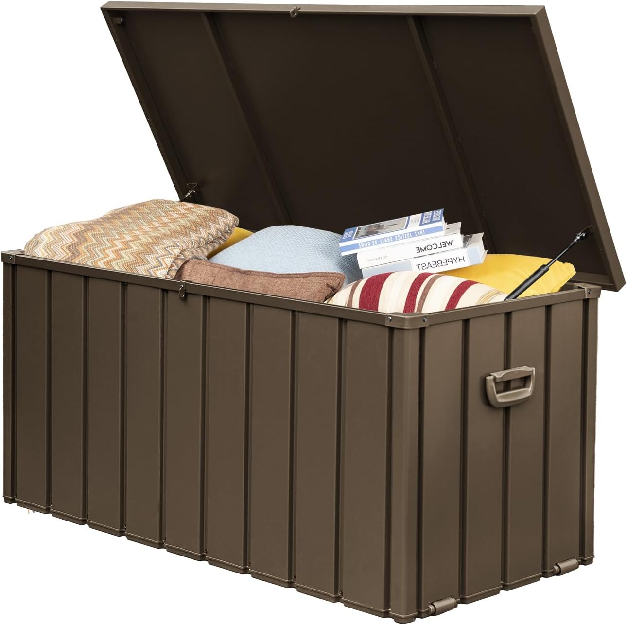 Domi 100 Gallon Deck Box, Metal Outdoor Storage Box with Lock Wheels, Waterproof Outside Storage Box for Patio Cushions