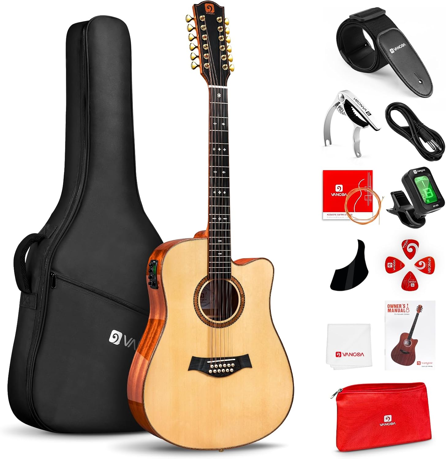 Vangoa Advanced 12 String Guitar, Full Size Twelve String Guitar Acoustic Electric 4 Band EQ Electroacoustic Set for Professional Beginner Adults Intermediate, Spruce Top, Glossy Natural