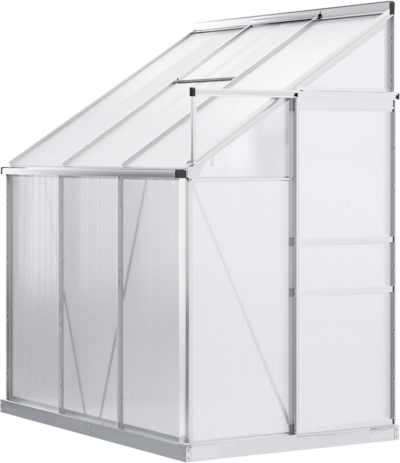 Outsunny 6' x 4' Aluminum Lean-to Greenhouse Polycarbonate Walk-in Garden Greenhouse with Adjustable Roof Vent, Rain Gutter and Sliding Door for Winter, Clear