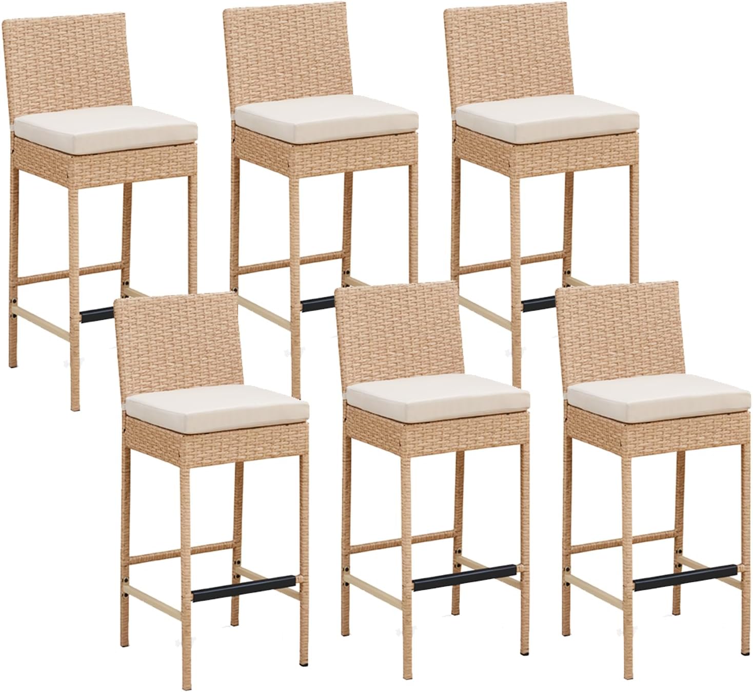 ECOTOUGE Outdoor Bar Stools, Wicker Woven Patio Stools & Patio Bar Chairs with Seat Cushion and Cozy Footrest, Rattan Furniture Armless Counter Height for Pool Lawn Porch Backyard (Set of 6, Yellow)