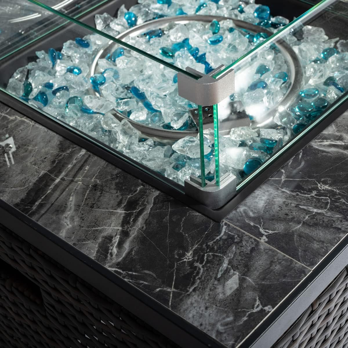 40,000 BTU Outdoor Propane Fire Pit Table with Auto-Ignition - Tempered Glass Wind Guard, Marble Tile Surface, Mixed-Color Fire Glass Rocks & Weather-Resistant Brown PE Rattan