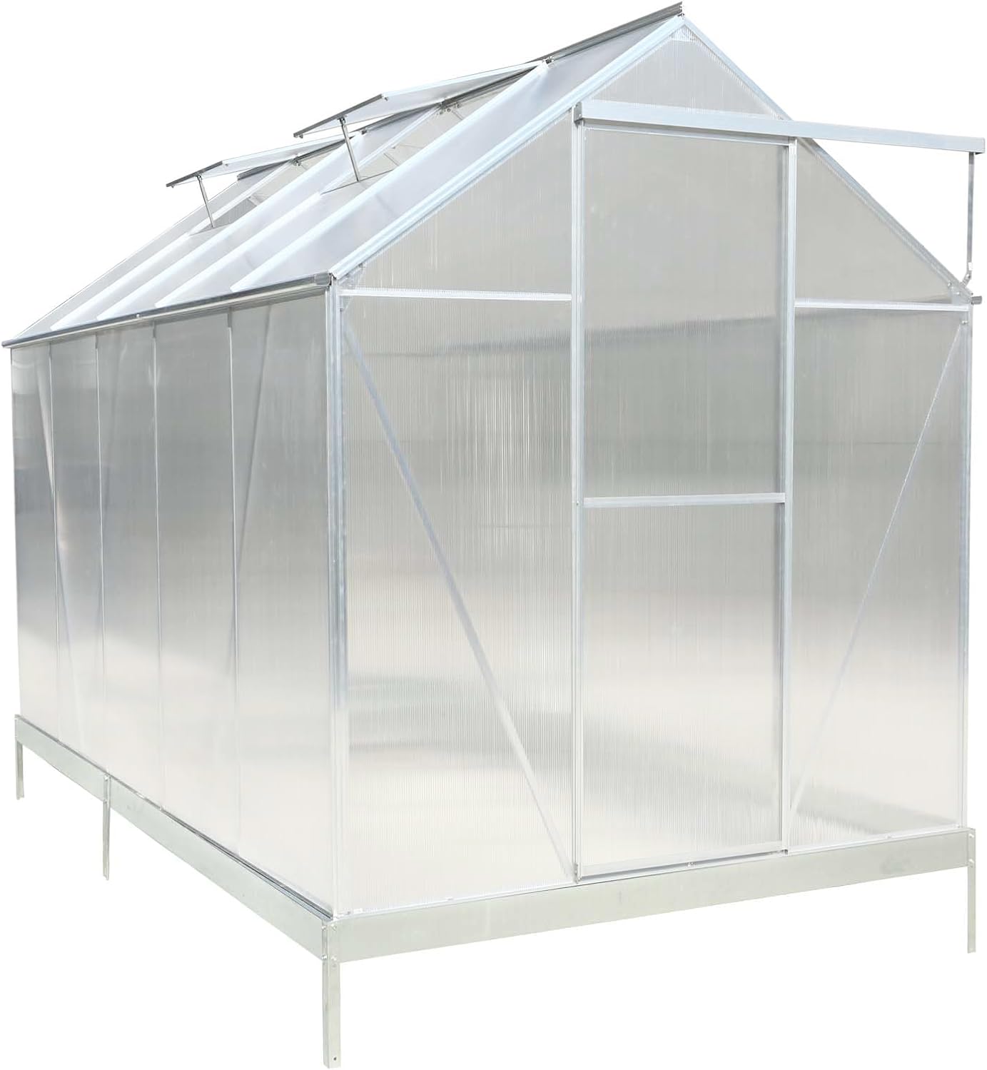10.2x6.3x7ft Polycarbonate Greenhouse Heavy Duty Outdoor Green House Aluminum Walk-in Green House Kit with Rain Gutter Vent and Sliding Door for Vegetable Flowers Backyard Garden Silver