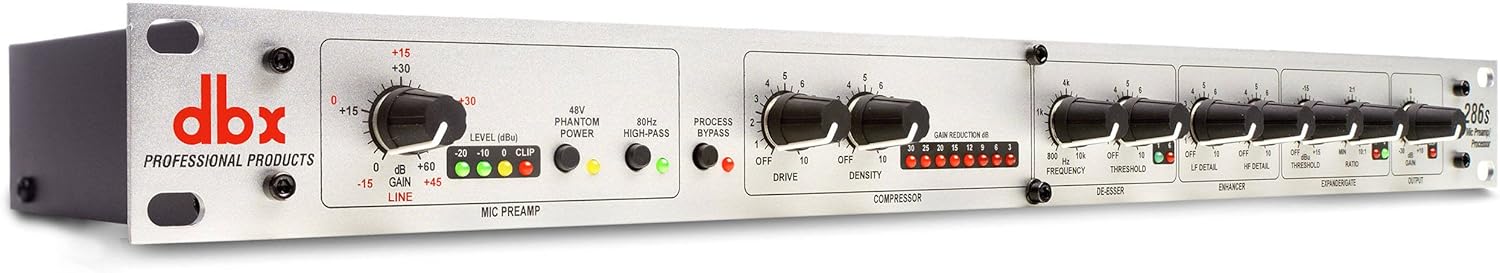 dbx DBX286SV Instrument, Microphone Preamp & Channel Strip Processor, with Compression, De-Esser, Enhancer, Expander/Gate, Loop-Out. Metering LEDs, XLR and ¼” inputs. Rack Mountable 1U. Silver