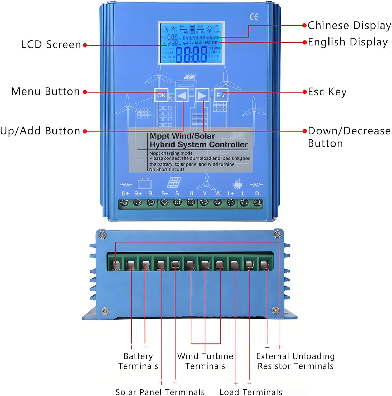 Wind Solar Hybrid Charge Controller,for Max 15000W Wind Turbine Generator & Solar Panel,12V 24V 48V Auto MPPT Charge Boost Charging Regulator,w/Dump Load 24V/48V(Auto)