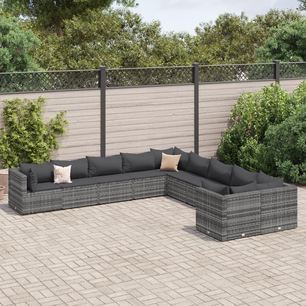 10-Piece Patio Sofa Set, Modular Outdoor Furniture, Grey Poly Rattan Sectional Seating with Cushions, Weather-Resistant for Garden, Balcony, Terrace