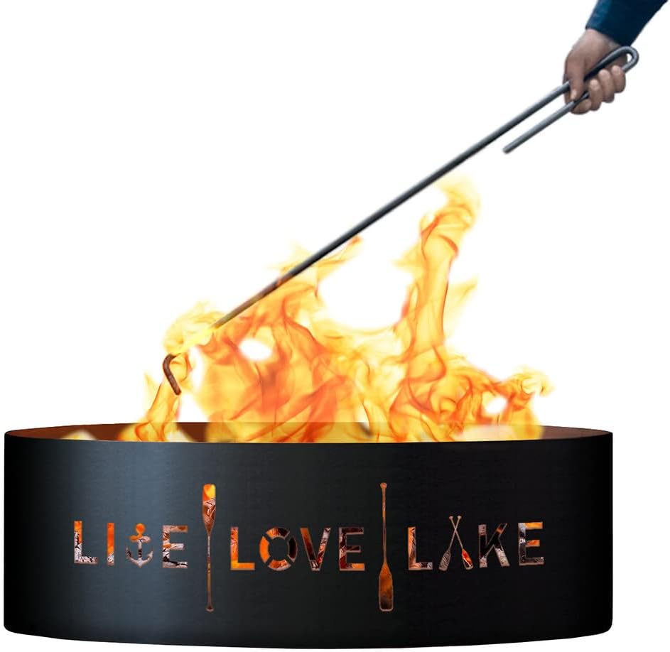 PD Metals LLL01830-FP Live Love Lake Unpainted 12 in. Tall 30 in. Diameter Outdoor Fire Ring with Fire Poker - 30 x 30 x 12 in. - Rustic Black Color