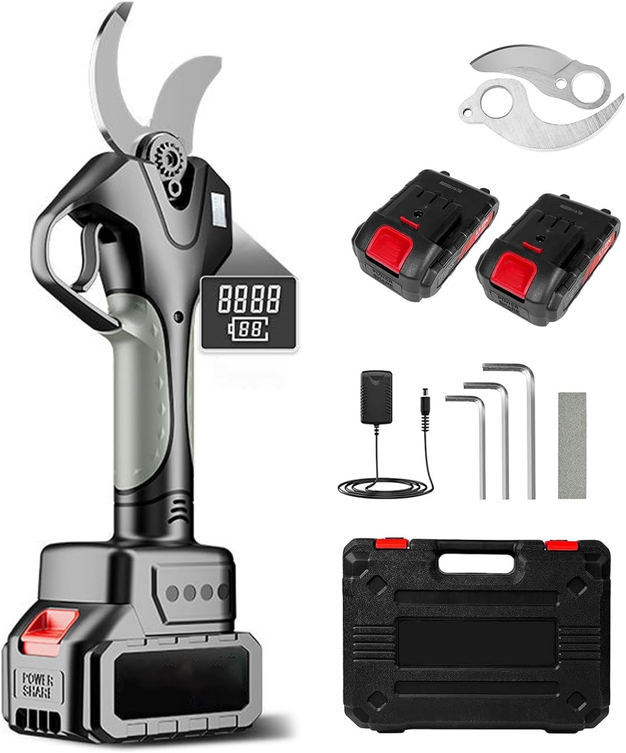 Electric Pruning Shears, Cordless Garden Pruner with 2 PCS Rechargeable Lithium Battery Powered and 2 Blades, Brushless Tree Pruner for Gardens Farms Orchards