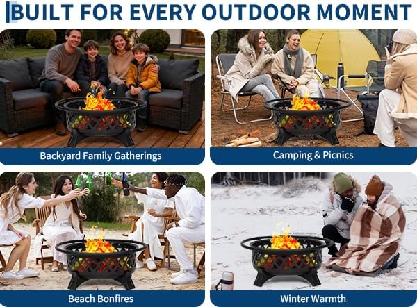 36-Inch Wood Burning Fire Pit with Lid and Poker, Heavy Duty Cold-Rolled Steel Outdoor Firepit for Patio, Backyard, Picnic, Camping Includes Spark Screen and Carry Handle