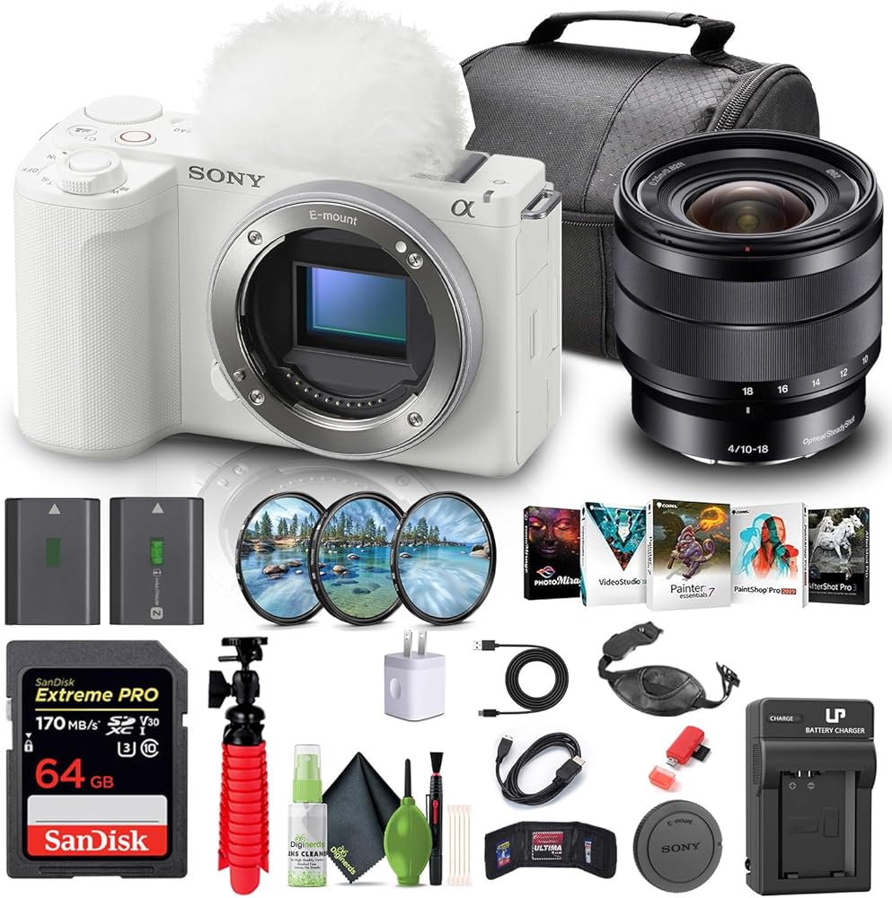 Sony Alpha ZV-E10 II Mirrorless Camera (Body Only, White) (ZVE10M2KW) E 10-18mm Lens + 64GB Memory Card + Filter Kit + Photo Software + Bag + NP-FZ100 Battery + Charger + More (Renewed)