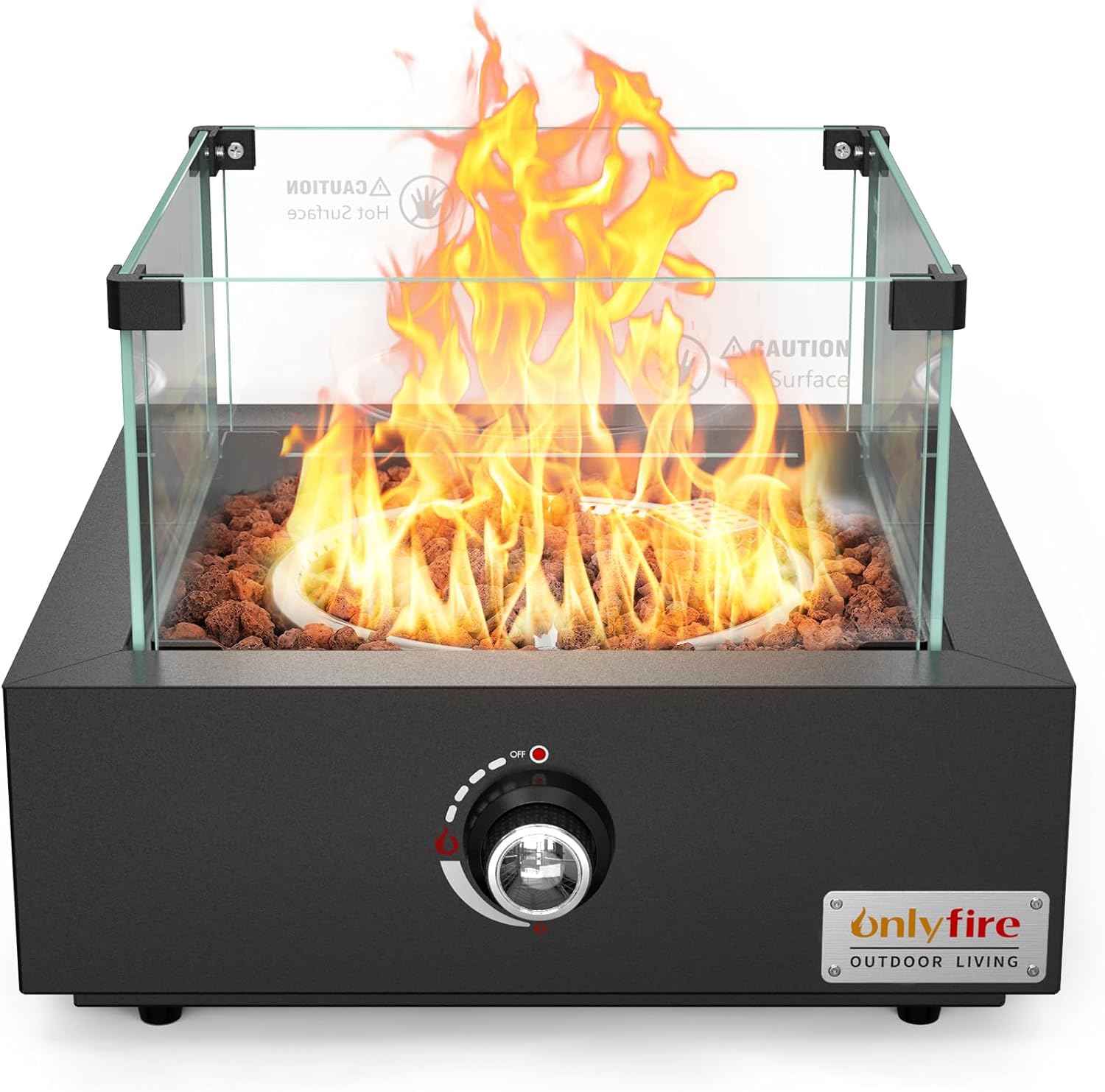 ONLYFIRE OUTDOOR LIVING Propane Gas Fire Pit with Glass Wind Guard & Lava Rocks, Portable Smokeless Gas Firepit Side-Mounted for Patio Backyard Camping Bonfire RV Tailgating, Square FP040