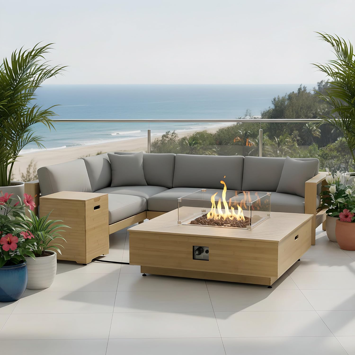 Kinger Home Harmony 43-Inch Large Square Outdoor Propane Gas Fire Pit Table, 50,000 BTUs, Certified Includes Side Table, Lava Rock and Weatherproof Cover