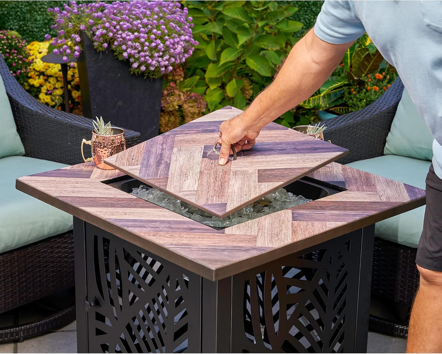 Endless Summer Darby 30 Inch Square Outdoor UV Printed 50,000 BTU LP Gas Fire Pit​ Table with Faux Wood Mantel and Stamped Steel Base