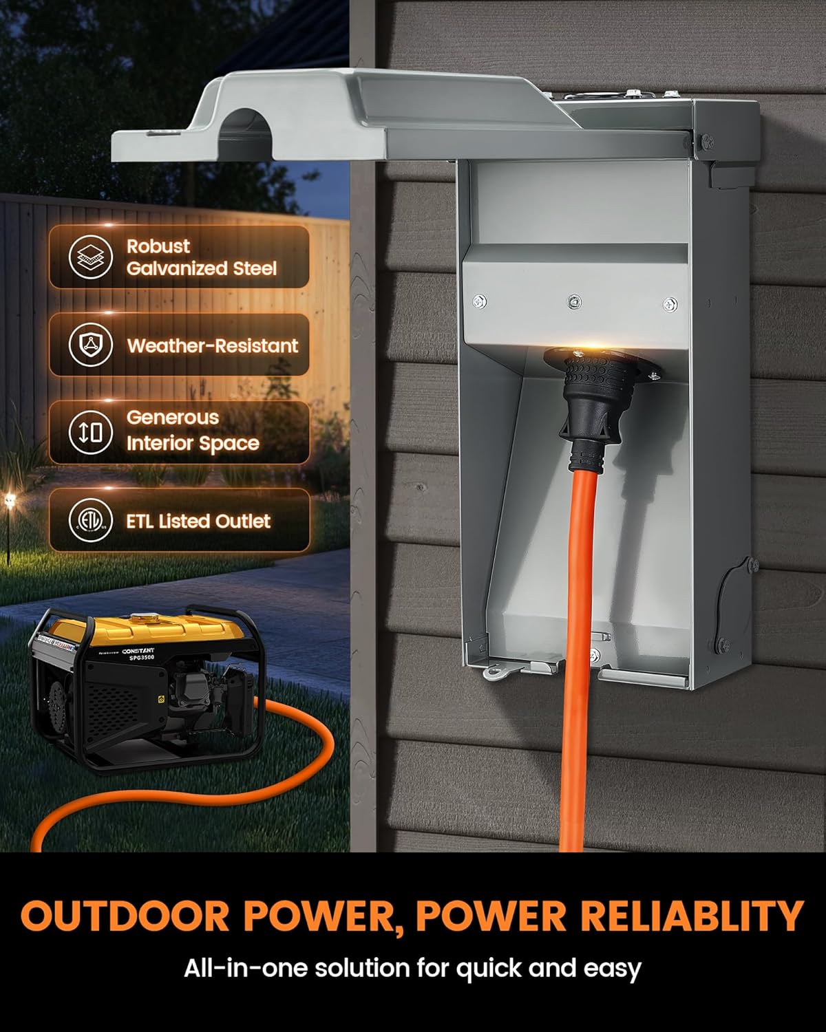 SURAIELEC 30 Amp 50FT Generator Cord and Power Inlet Box, Generator Box with 4-Prong Generator Cord, NEMA L14-30P to L14-30R Generator Cord Waterproof Combo Kit for Snowstorm, ETL Listed Outlet