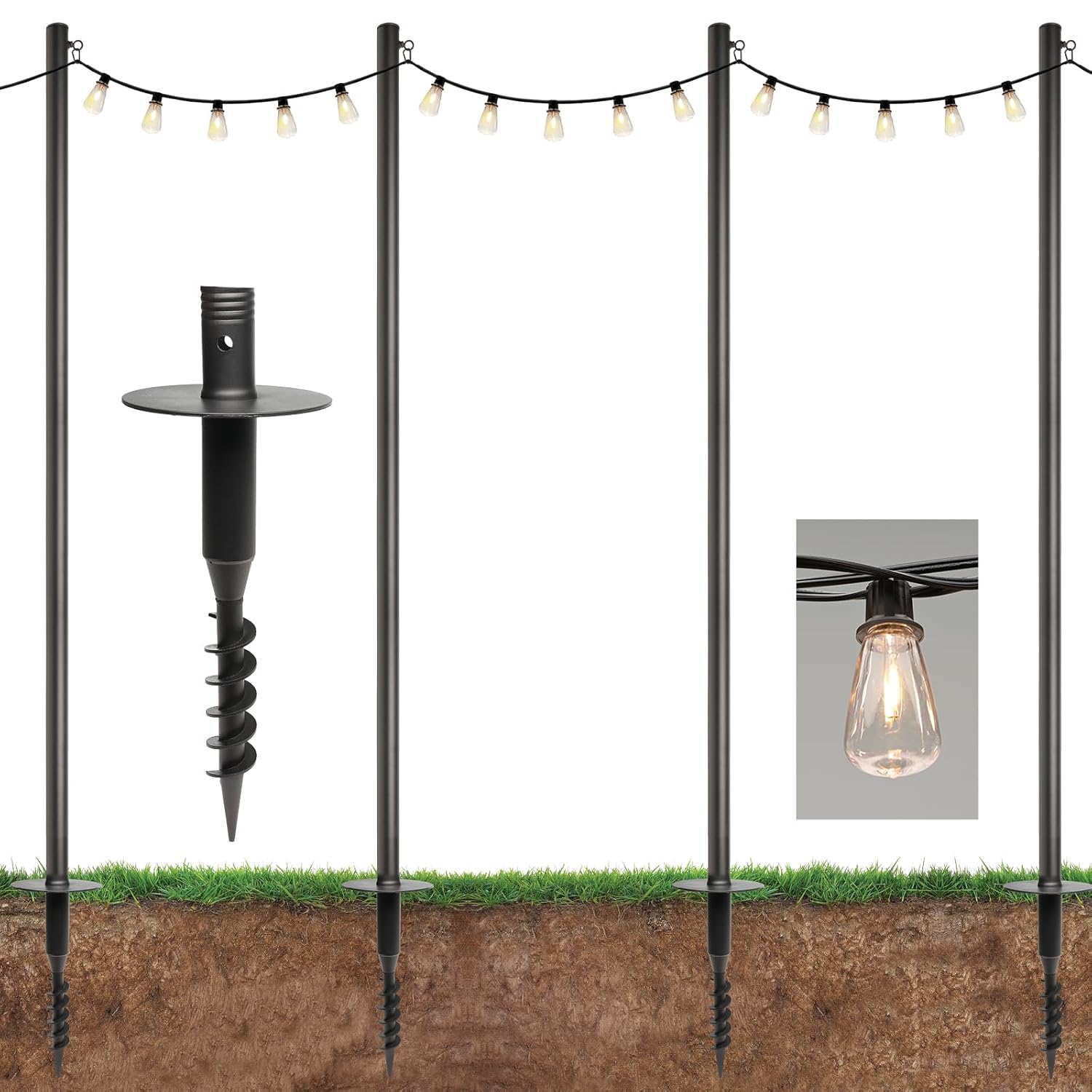 EXCELLO GLOBAL PRODUCTS Premium String Light Pole 4 Pack with 100' of LED Edison Bulb String Lights (Yard Mount)