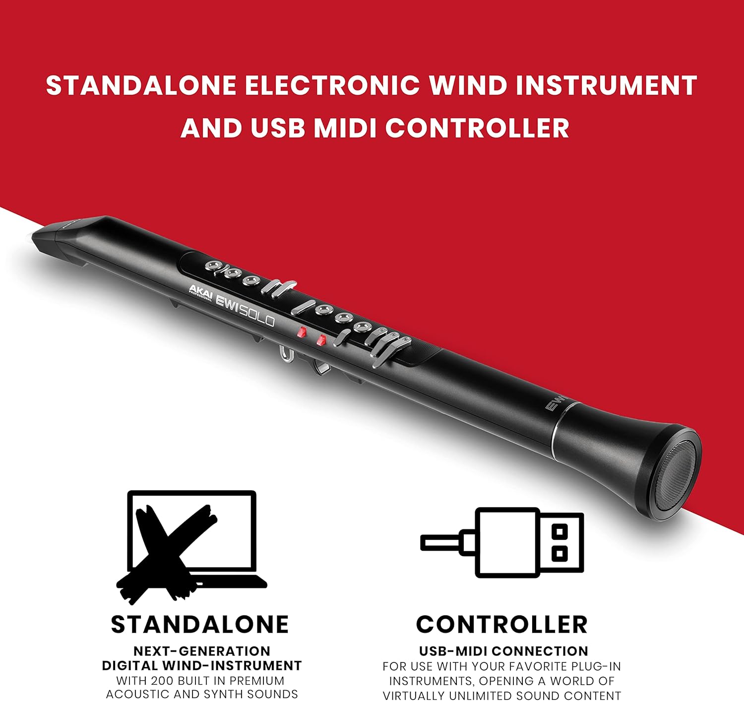 Akai Professional EWI Solo - Electronic Wind Instrument With Built-in Speaker, Rechargeable Battery, 200 Sounds and USB MIDI Connectivity,Black