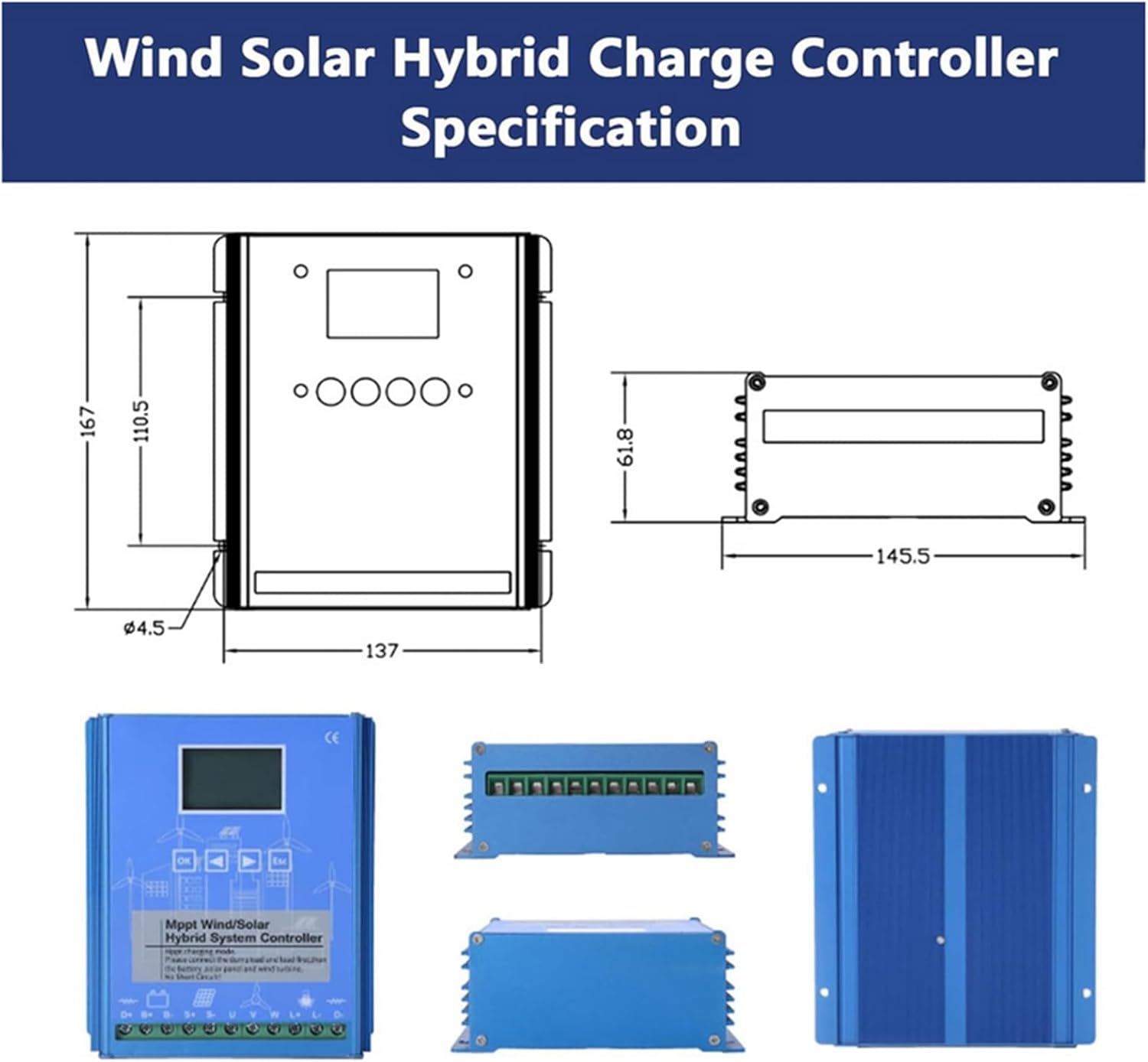 Hybrid MPPT Wind and Solar Controller, 12V/24V/48V Auto Distinguish Wind Turbine Solar Charge Controller with LCD Screen 12V/24V-1000W,12V