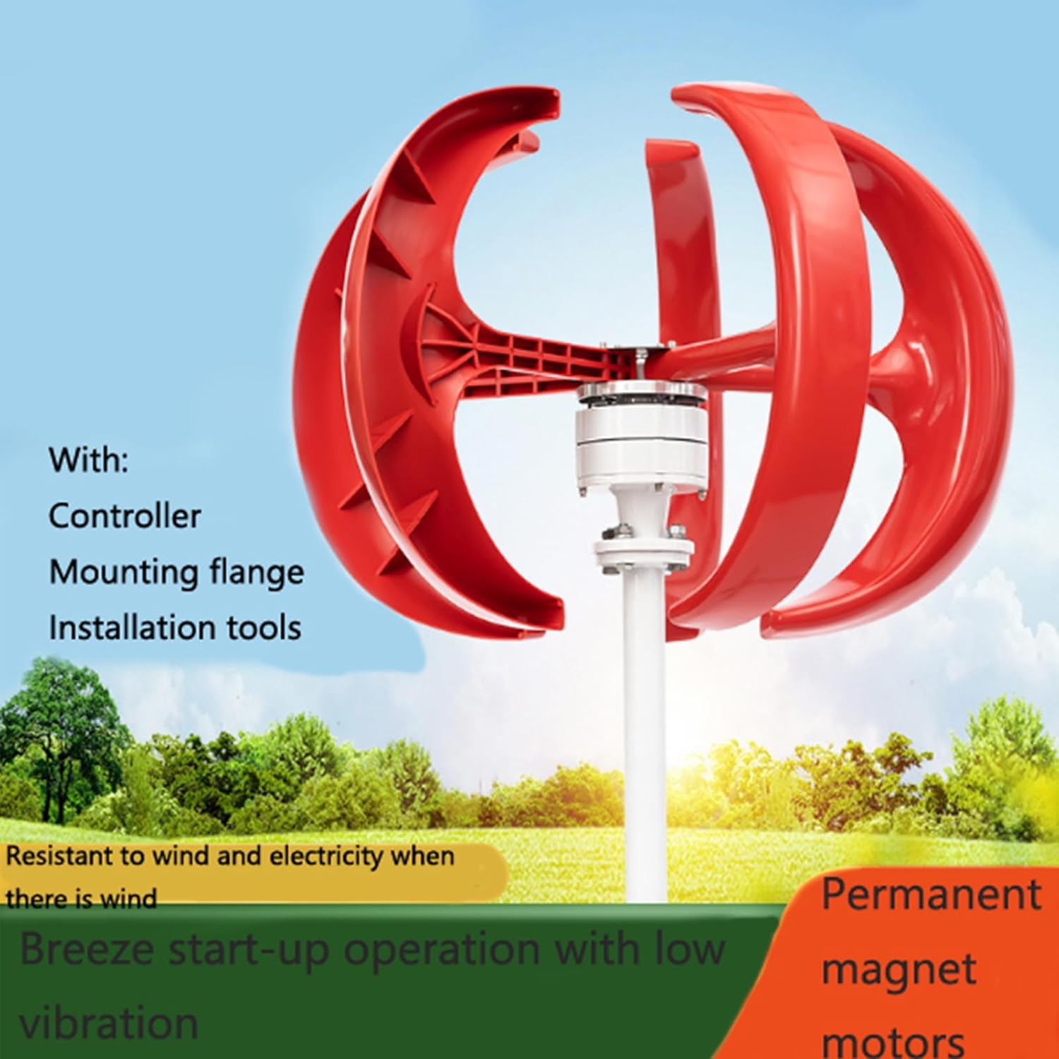 12V-48V Wind Turbine with Charging Controller 1500W 5 Blades Lanterns Wind Turbine Generator Low Noise Red for Home Streetlight Use System