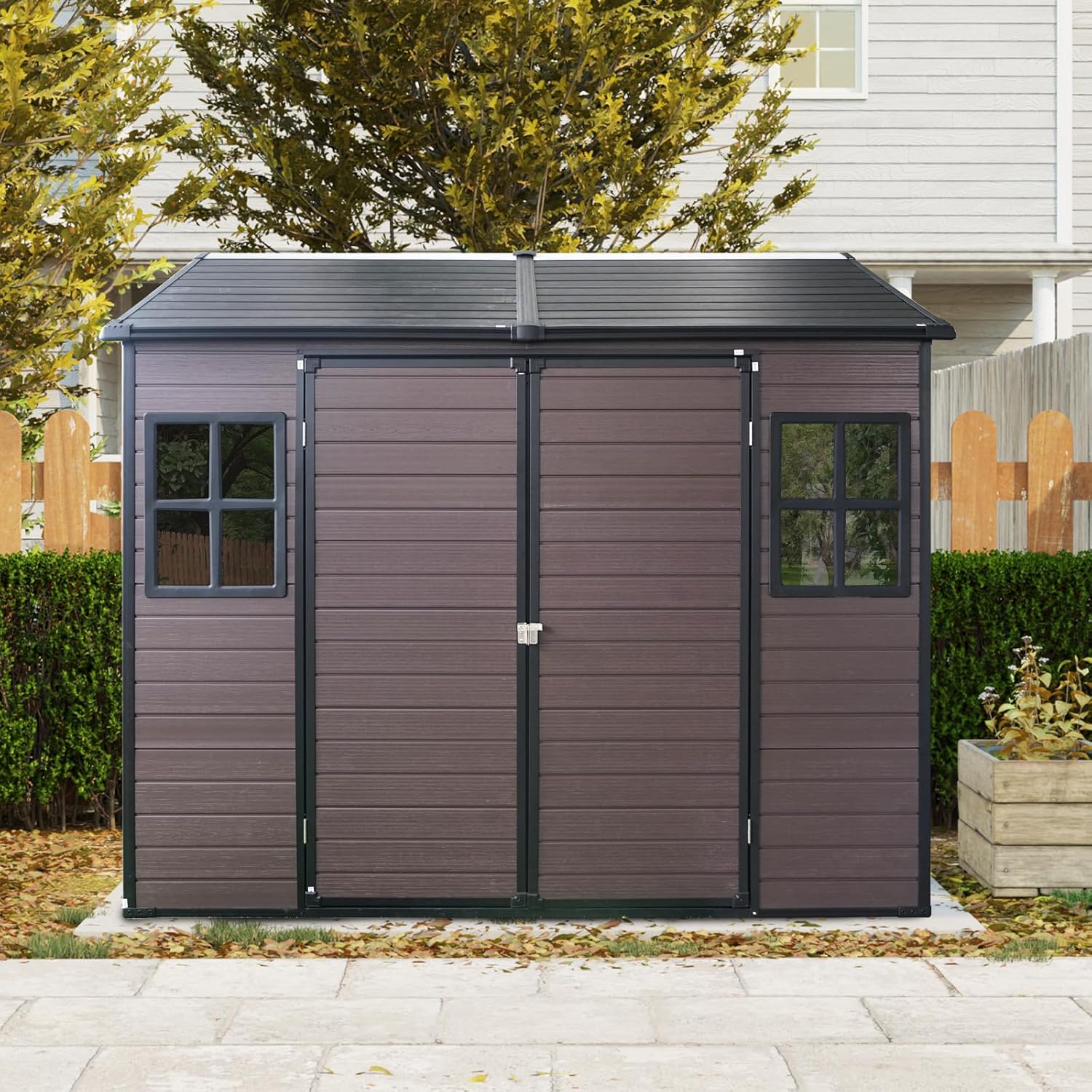 8 x 6 FT Resin Outdoor Storage Shed with Floor, Lockable Double Doors, Two Windows & Air Vents, Waterproof Tool Shed for Backyard, Patio, Garden, Bikes & Equipment (Brown)